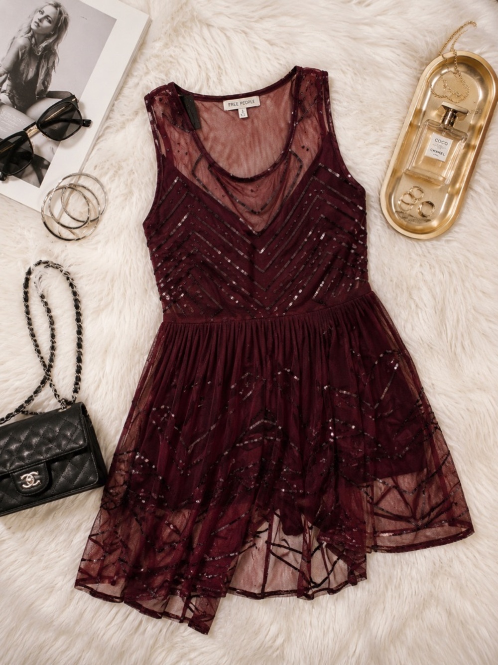 Free People Burgundy Mesh Sequined Mini Dress Festival Party